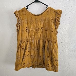 Mustard Yellow Eyelet Sleeveless Button Back Blouse